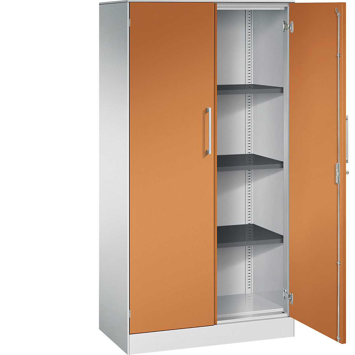 Szafa z drzwiami skrzydłowymi ASISTO, wys. 1617 mm – C+P, szer. 800 mm, 3 półki, jasnoszary/żółto-pomarańczowy