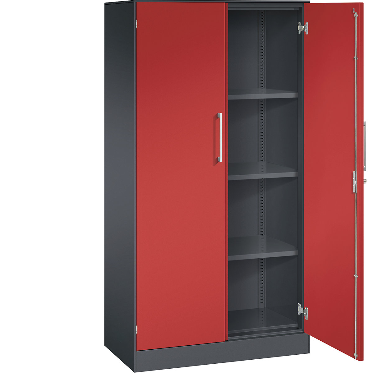 Szafa z drzwiami skrzydłowymi ASISTO, wys. 1617 mm – C+P, szer. 800 mm, 3 półki, czarno-szary/czerwony