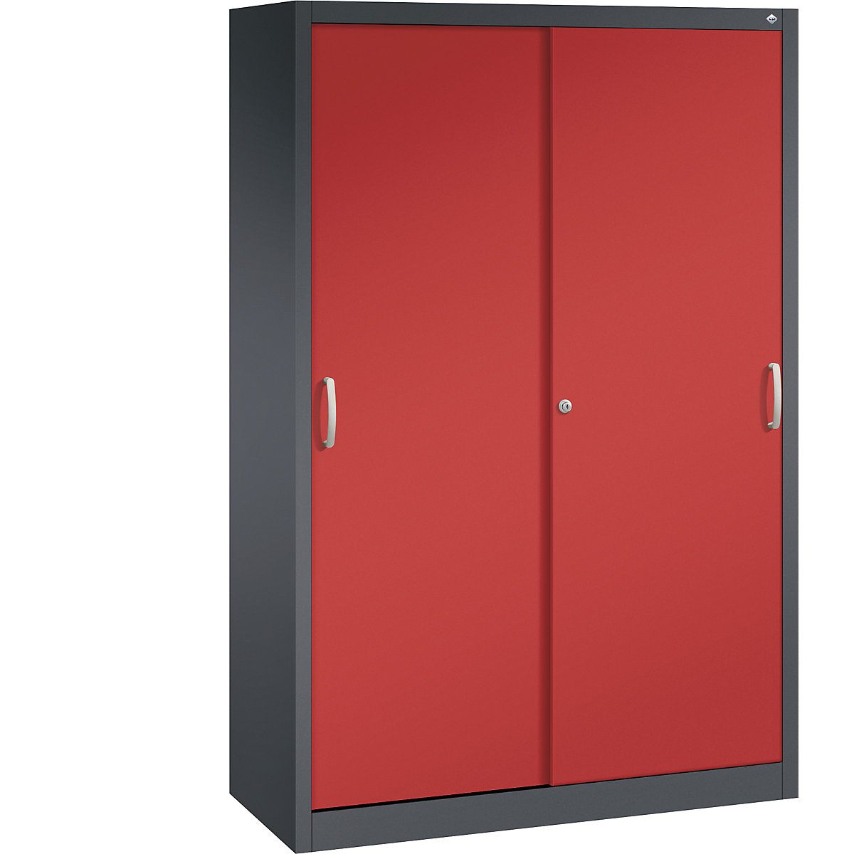 Szafa z przesuwnymi drzwiami ACURADO – C+P, 4 półki, wys. x szer. x głęb. 1950 x 1200 x 500 mm, czarno-szara / czerwona