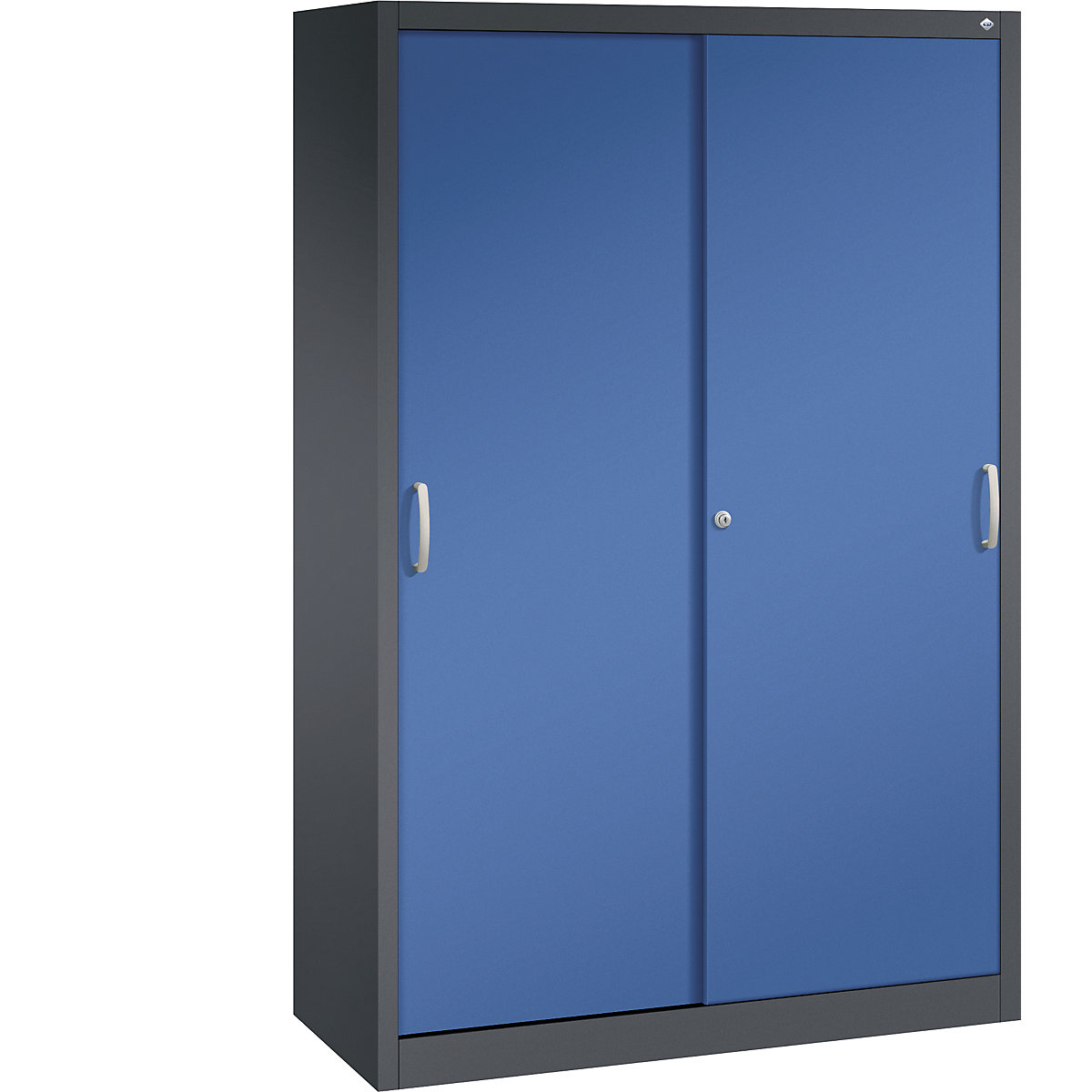 Szafa z przesuwnymi drzwiami ACURADO – C+P, 4 półki, wys. x szer. x głęb. 1950 x 1200 x 500 mm, czarno-szara / niebieski gencjanowy