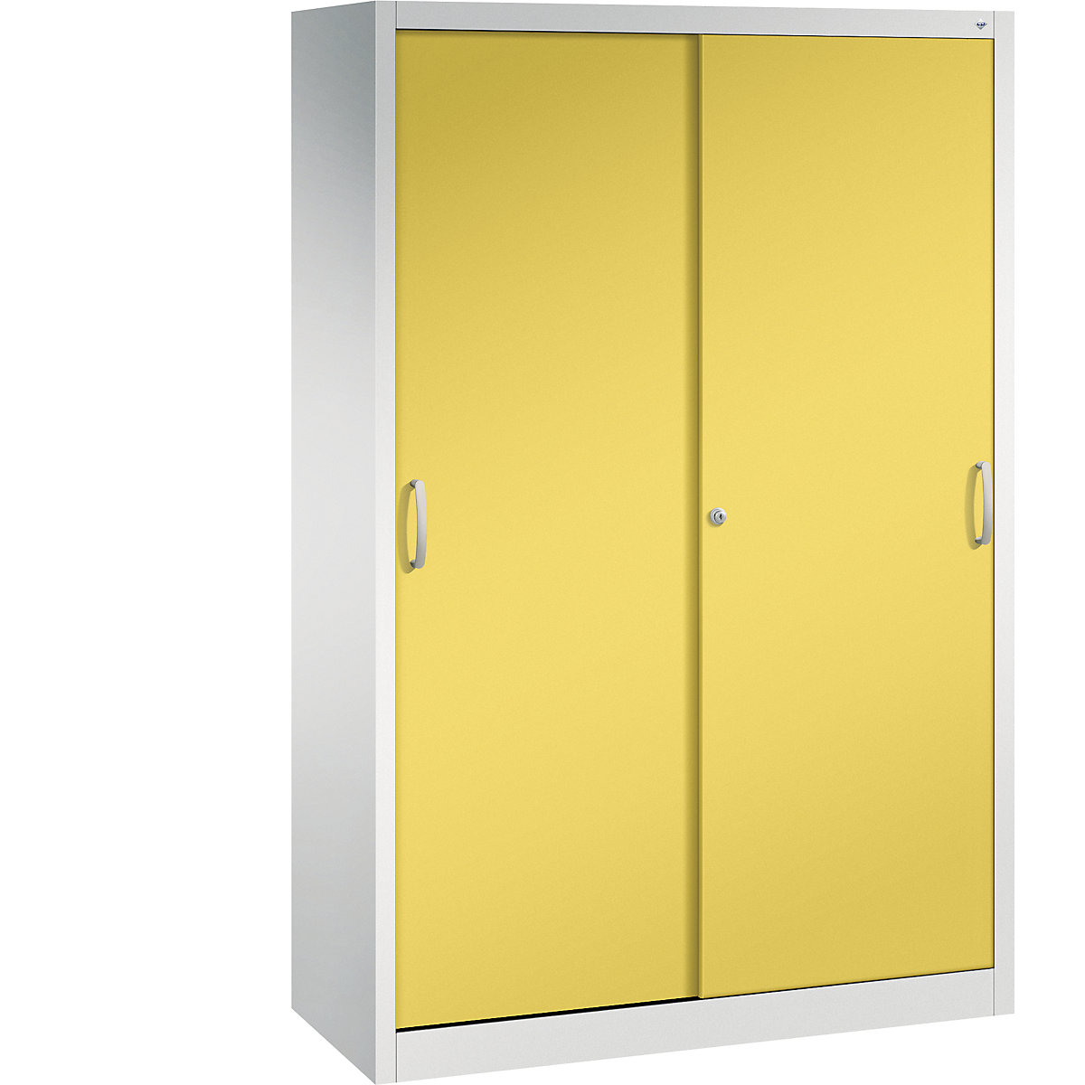 Szafa z przesuwnymi drzwiami ACURADO – C+P, 4 półki, wys. x szer. x głęb. 1950 x 1200 x 500 mm, jasnoszara / żółty słoneczny