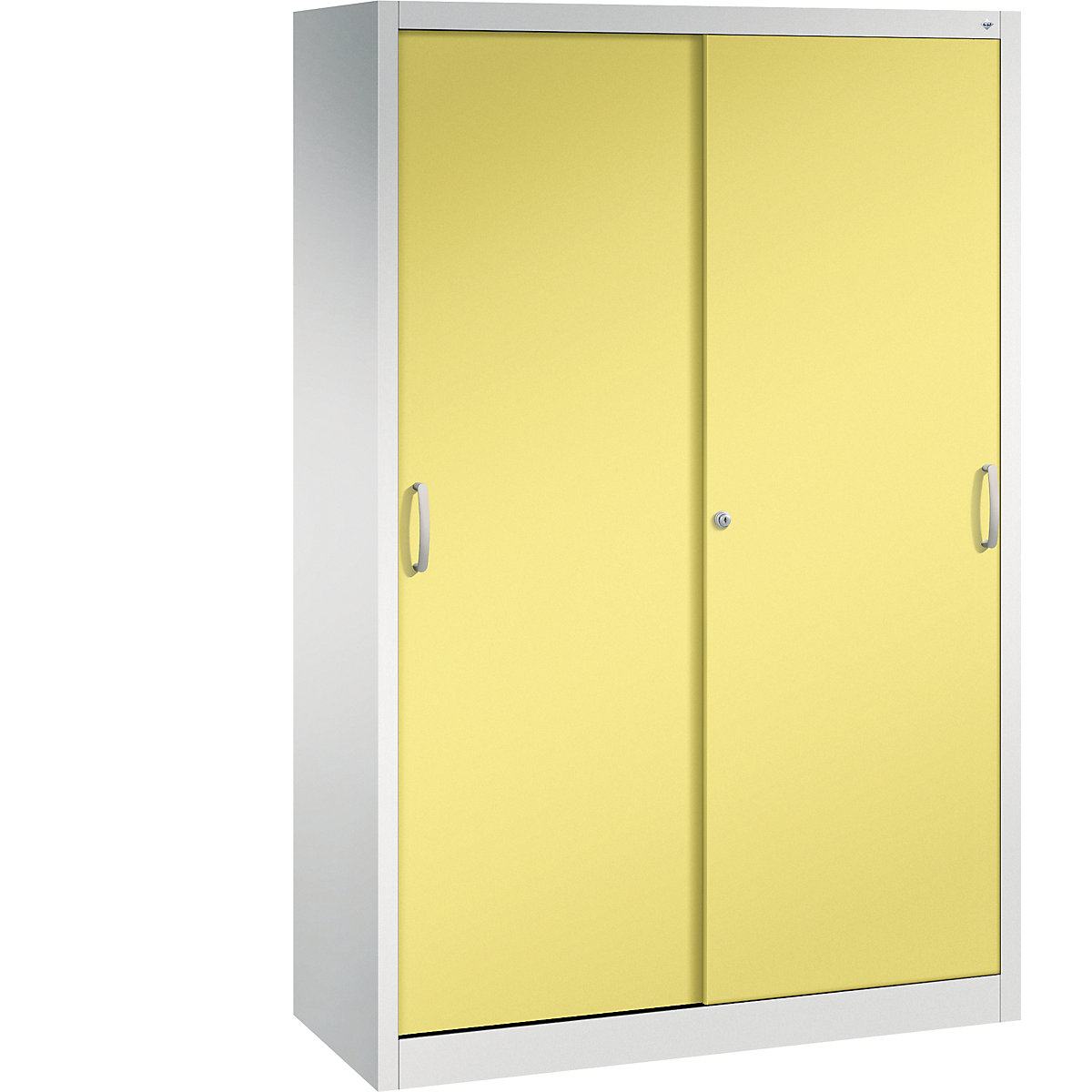Szafa z przesuwnymi drzwiami ACURADO – C+P, 4 półki, wys. x szer. x głęb. 1950 x 1200 x 500 mm, jasnoszara / żółty siarkowy