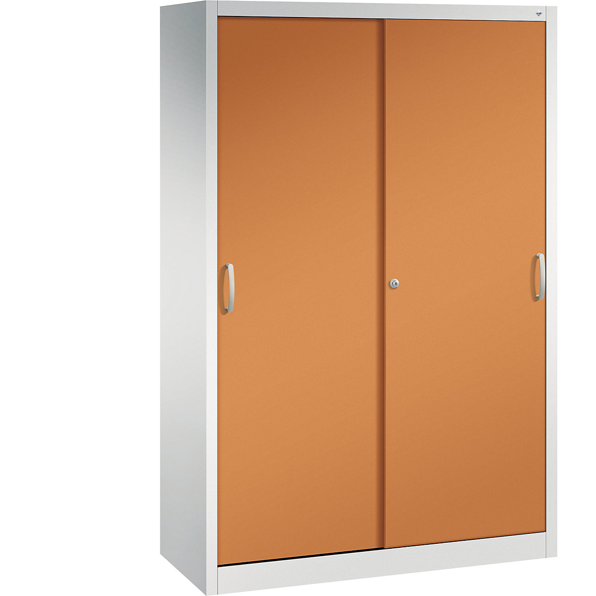 Szafa z przesuwnymi drzwiami ACURADO – C+P, 4 półki, wys. x szer. x głęb. 1950 x 1200 x 500 mm, jasnoszara / żółto-pomarańczowa