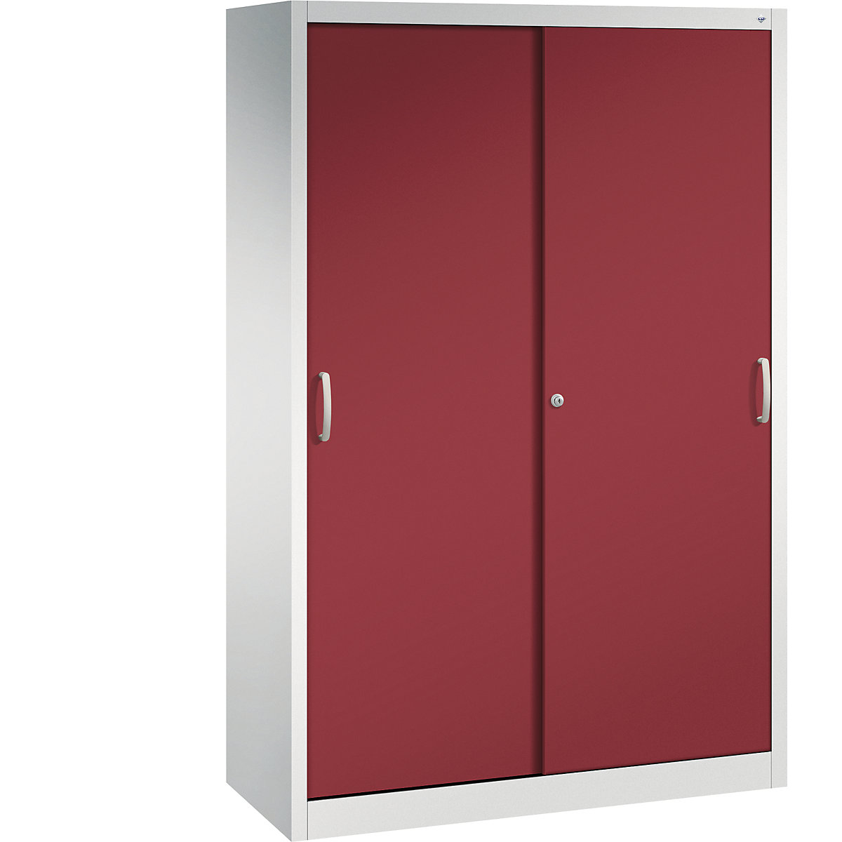 Szafa z przesuwnymi drzwiami ACURADO – C+P, 4 półki, wys. x szer. x głęb. 1950 x 1200 x 500 mm, jasnoszara / rubinowo-czerwona