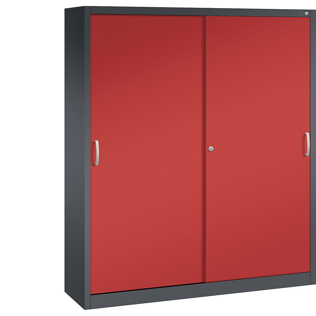 Szafa z przesuwnymi drzwiami ACURADO – C+P, 8 półek, wys. x szer. x głęb. 1950 x 1600 x 400 mm, czarno-szara / czerwona