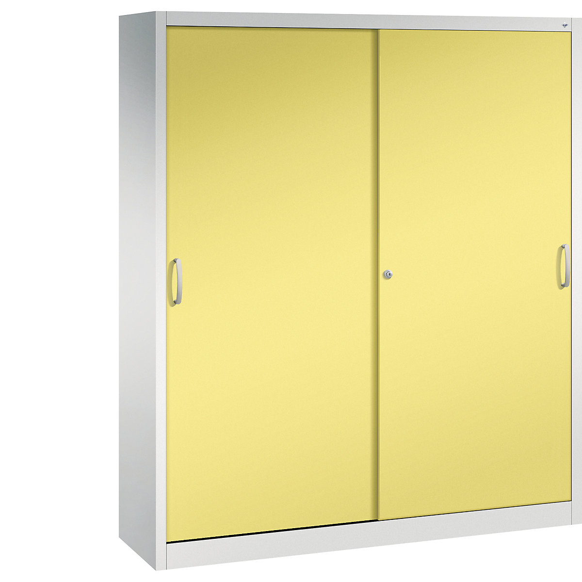 Szafa z przesuwnymi drzwiami ACURADO – C+P, 8 półek, wys. x szer. x głęb. 1950 x 1600 x 400 mm, jasnoszara / żółty siarkowy