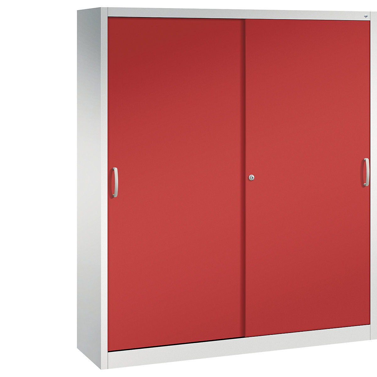 Szafa z przesuwnymi drzwiami ACURADO – C+P, 8 półek, wys. x szer. x głęb. 1950 x 1600 x 400 mm, jasnoszara / czerwona