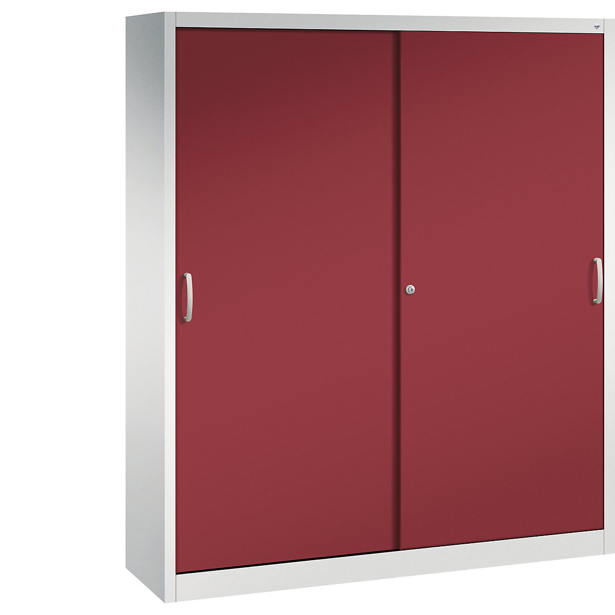 Szafa z przesuwnymi drzwiami ACURADO – C+P, 8 półek, wys. x szer. x głęb. 1950 x 1600 x 400 mm, jasnoszara / rubinowo-czerwona