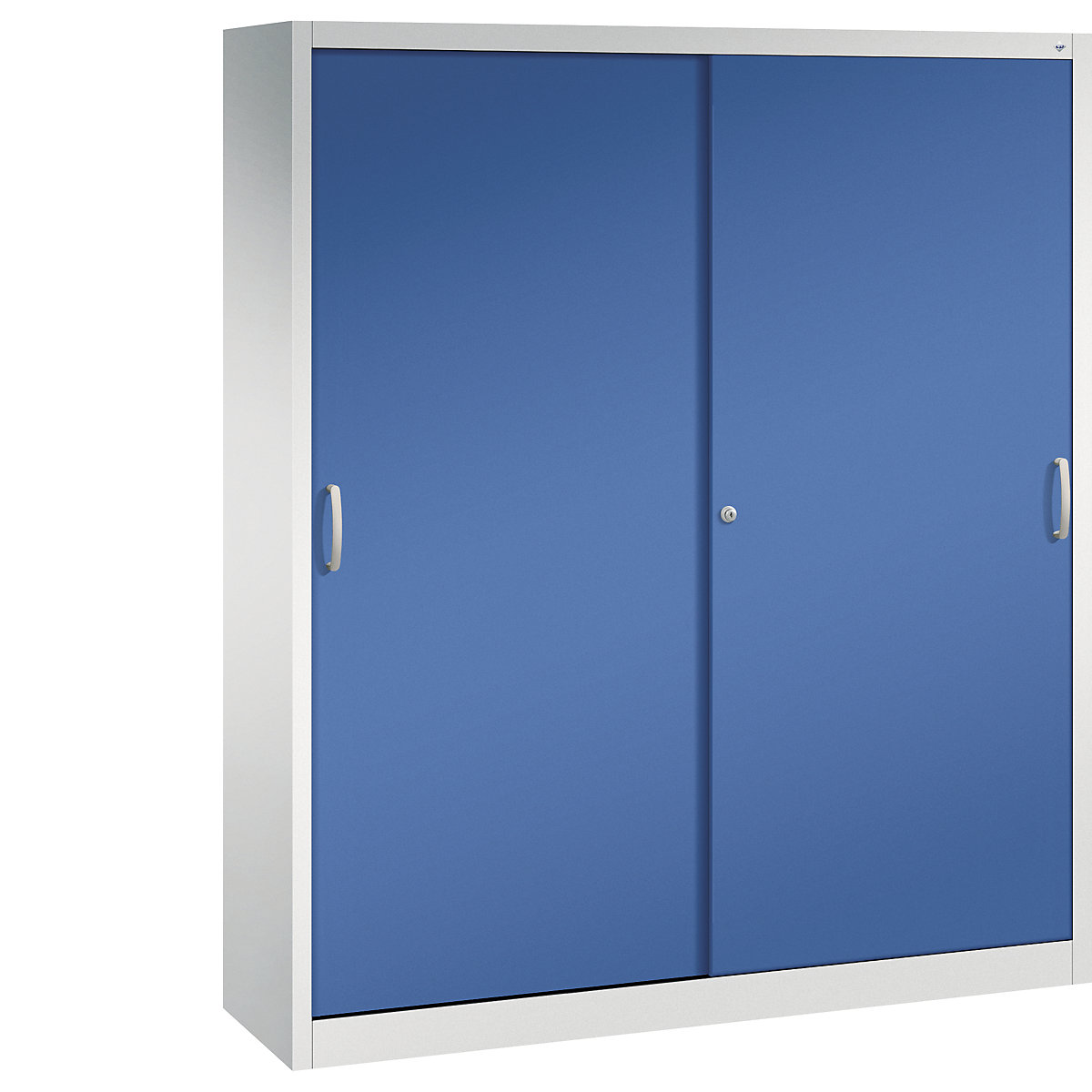 Szafa z przesuwnymi drzwiami ACURADO – C+P, 8 półek, wys. x szer. x głęb. 1950 x 1600 x 400 mm, jasnoszara / niebieski gencjanowy