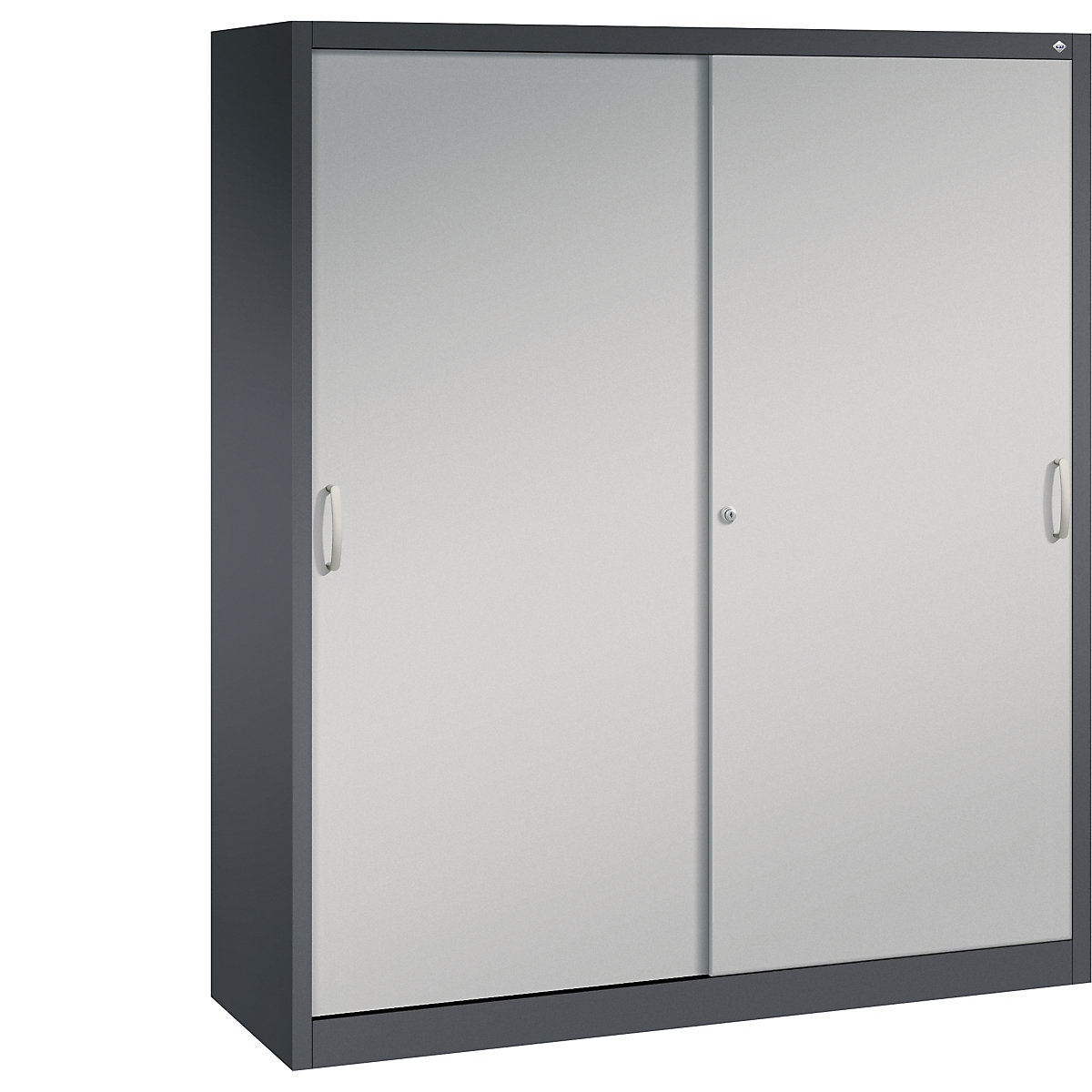 Szafa z przesuwnymi drzwiami ACURADO – C+P, 6 półek, 2 schowki, wys. x szer. x głęb. 1950 x 1600 x 500 mm, czarno-szara / białe aluminium