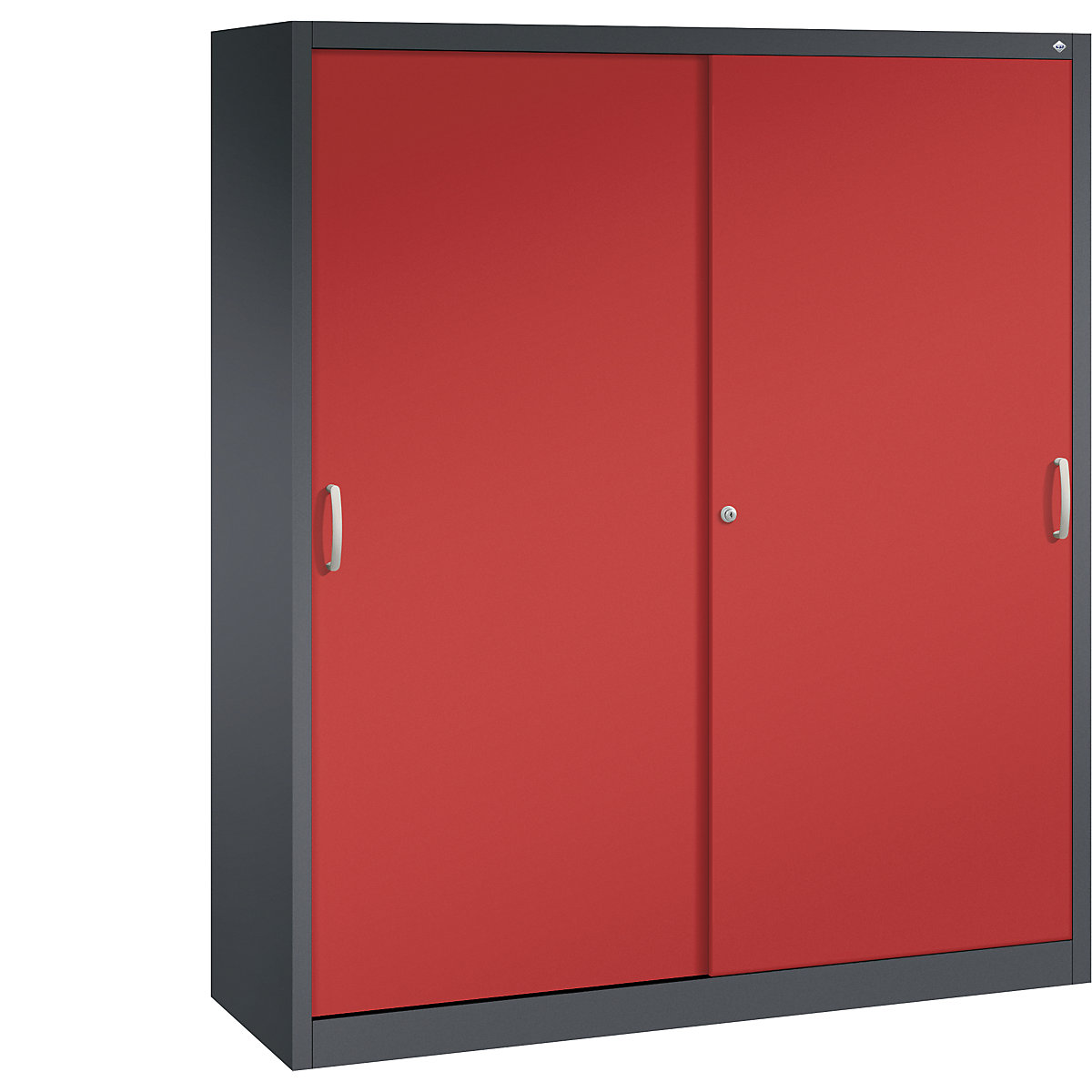 Szafa z przesuwnymi drzwiami ACURADO – C+P, 6 półek, 2 schowki, wys. x szer. x głęb. 1950 x 1600 x 500 mm, czarno-szara / czerwona