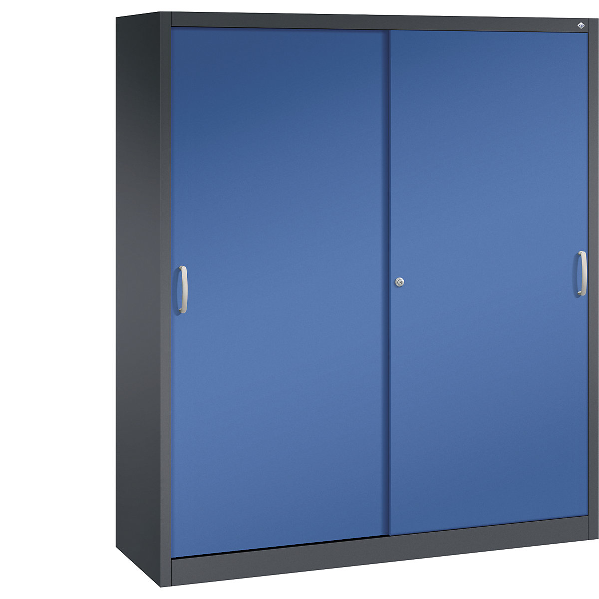 Szafa z przesuwnymi drzwiami ACURADO – C+P, 6 półek, 2 schowki, wys. x szer. x głęb. 1950 x 1600 x 500 mm, czarno-szara / niebieski gencjanowy