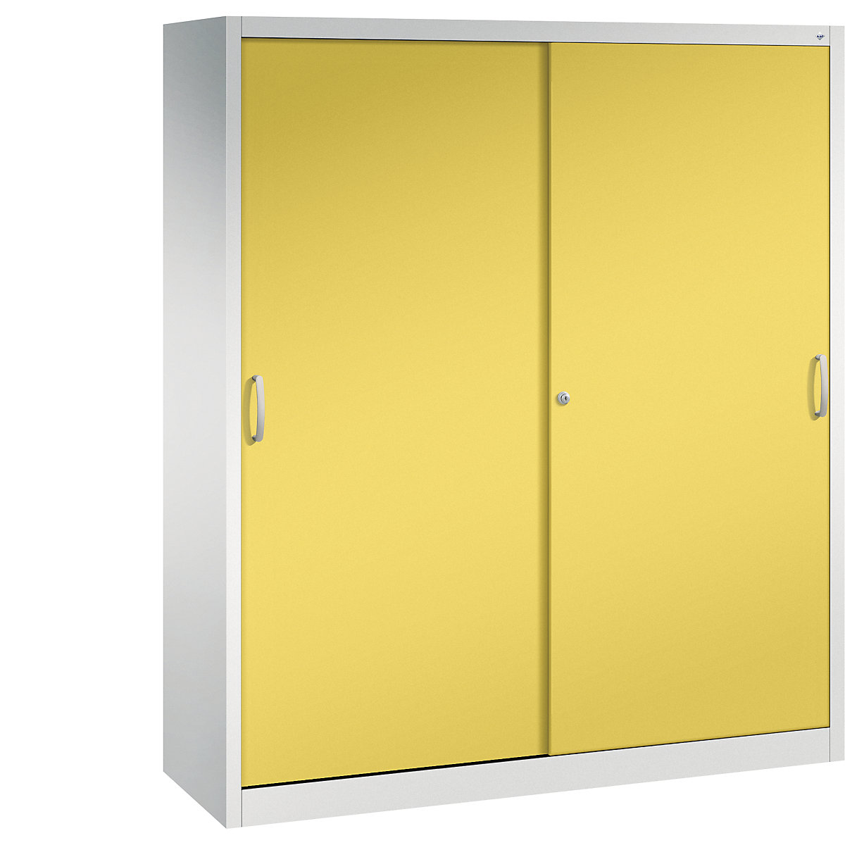 Szafa z przesuwnymi drzwiami ACURADO – C+P, 6 półek, 2 schowki, wys. x szer. x głęb. 1950 x 1600 x 500 mm, jasnoszara / żółty słoneczny