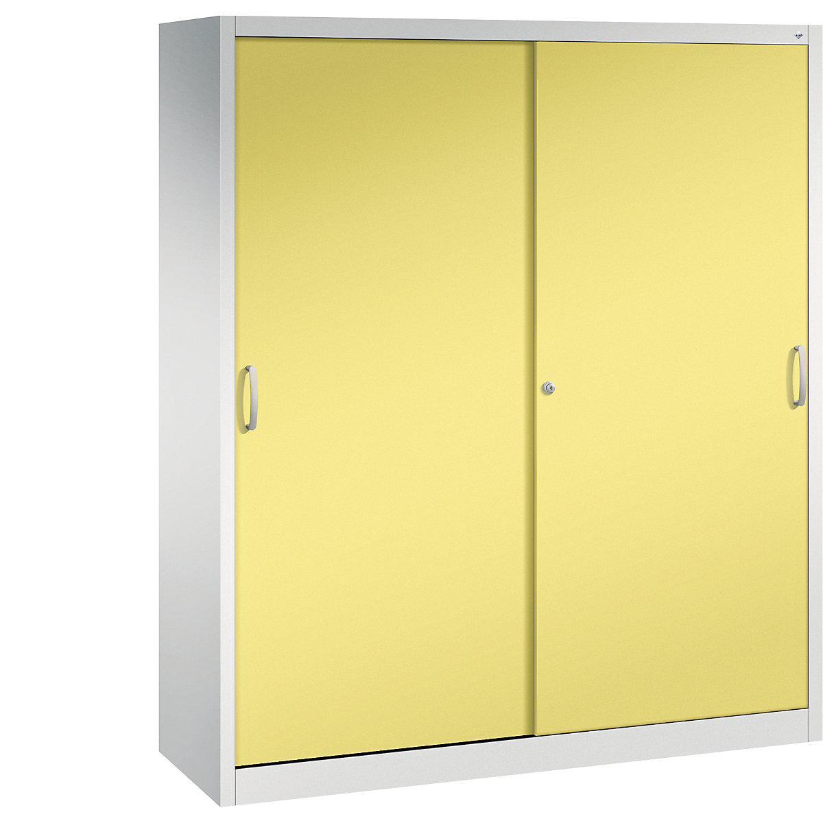 Szafa z przesuwnymi drzwiami ACURADO – C+P, 6 półek, 2 schowki, wys. x szer. x głęb. 1950 x 1600 x 500 mm, jasnoszara / żółty siarkowy