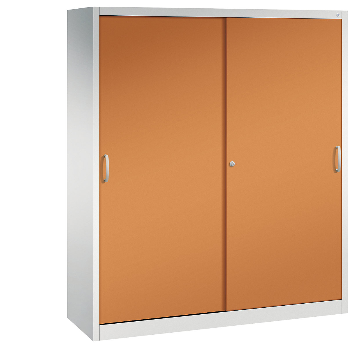 Szafa z przesuwnymi drzwiami ACURADO – C+P, 6 półek, 2 schowki, wys. x szer. x głęb. 1950 x 1600 x 500 mm, jasnoszara / żółto-pomarańczowa