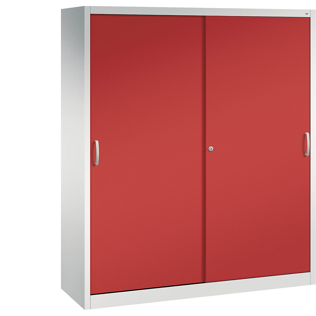 Szafa z przesuwnymi drzwiami ACURADO – C+P, 6 półek, 2 schowki, wys. x szer. x głęb. 1950 x 1600 x 500 mm, jasnoszara / czerwona