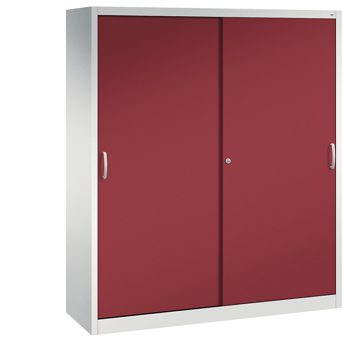 Szafa z przesuwnymi drzwiami ACURADO – C+P, 6 półek, 2 schowki, wys. x szer. x głęb. 1950 x 1600 x 500 mm, jasnoszara / rubinowo-czerwona