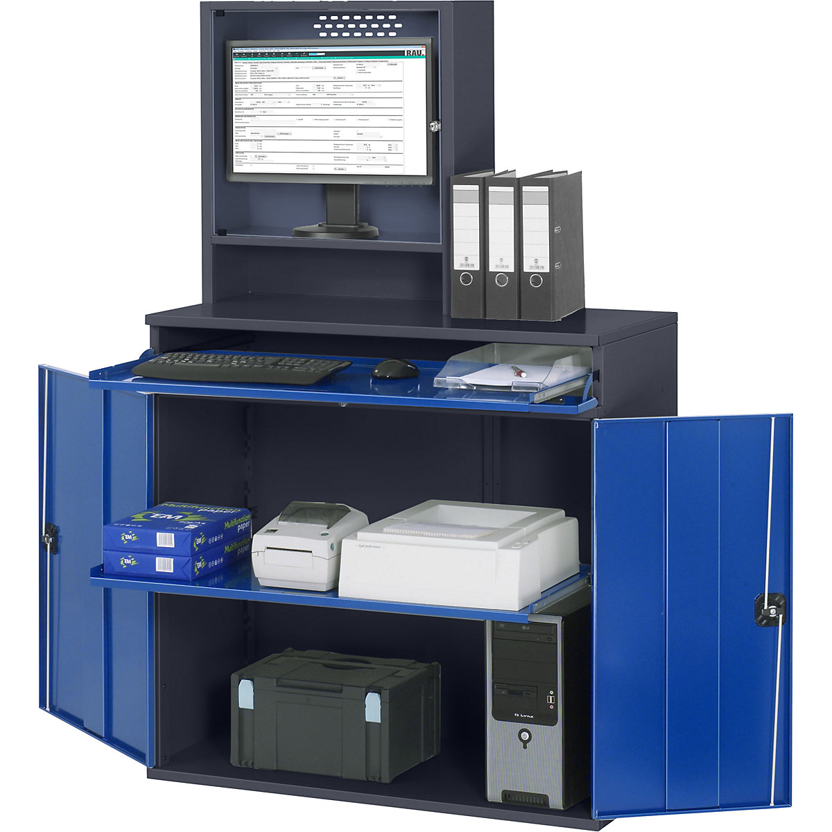 RAU – Komputerowa stacja robocza, obudowa monitora, 1 wysuwana półka, szer. 1100 mm, antracytowy / niebieski gencjanowy