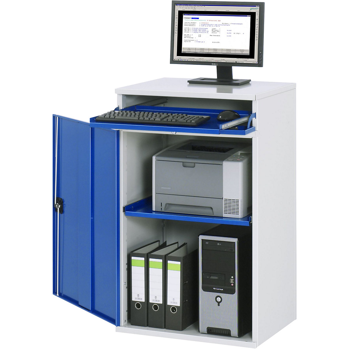 RAU – Komputerowa stacja robocza, obudowa na szafę z 1 wyciąganą półką, szer. 650 mm, jasnoszary / niebieski gencjanowy