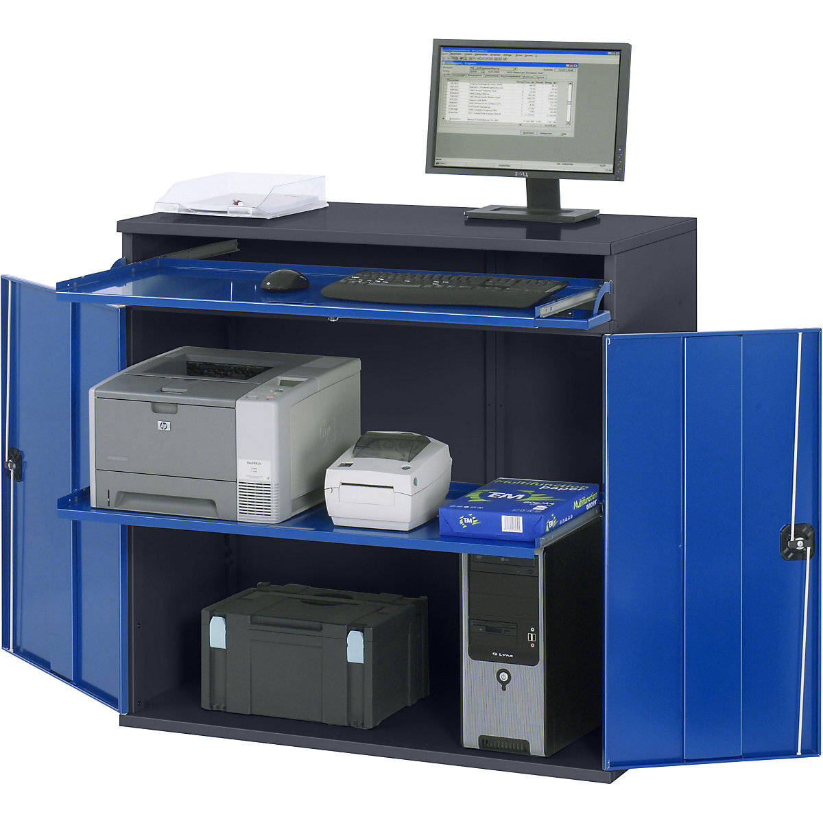 RAU – Komputerowa stacja robocza, obudowa na szafę z 1 wyciąganą półką, szer. 1100 mm, antracytowy / niebieski gencjanowy