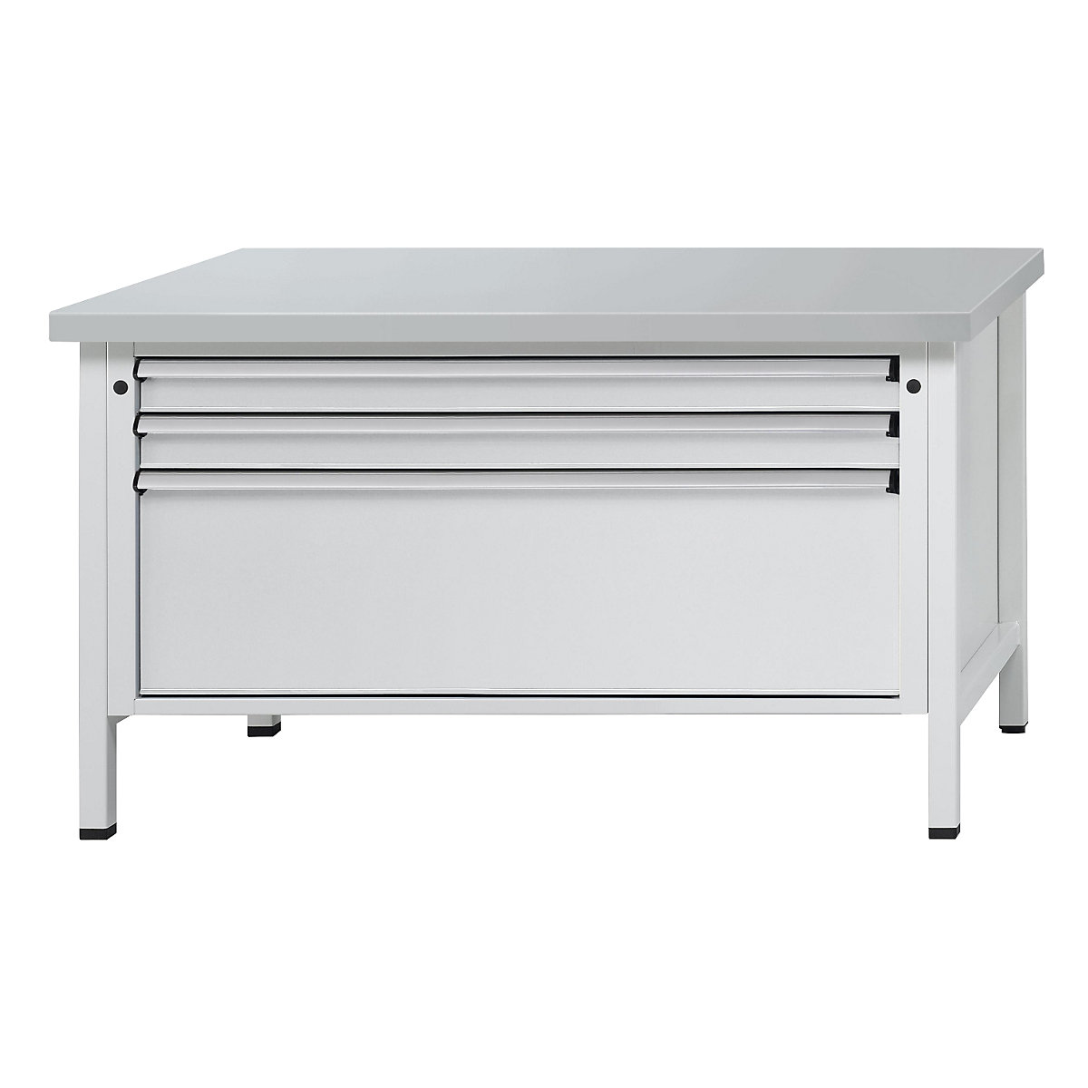 Banc de lucru cu sertare XL/XXL, cu cadru – ANKE, lățime 1500 mm, 3 sertare, blat placat cu tablă de oțel, front gri deschis-12