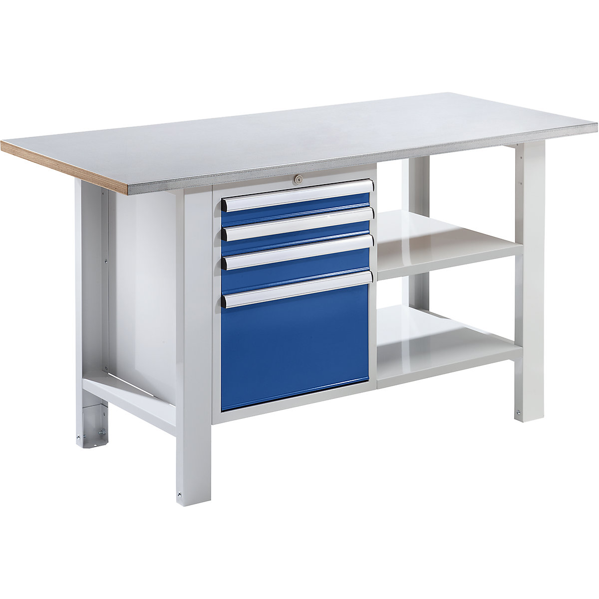 Banc de lucru, sistem modular – eurokraft basic, lățime blat 1500 mm, 4 sertare, blat placat cu tablă de oțel-1