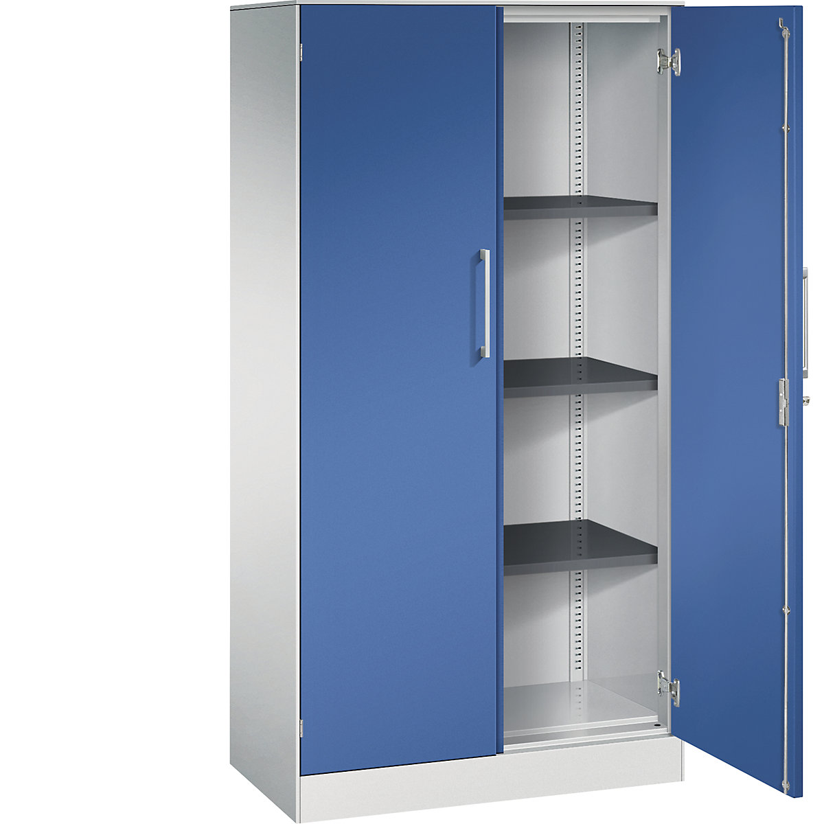 C+P – Armário de portas de batente ASISTO, altura 1617 mm, largura 800 mm, 3 prateleiras, cinzento claro/azul genciana