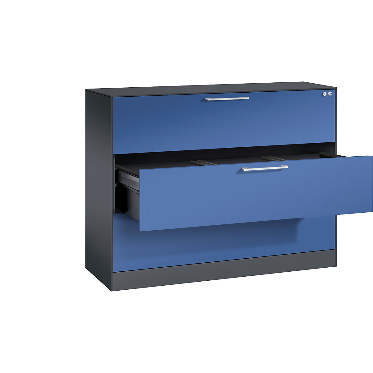 C+P – Armário de arquivo suspenso ASISTO, largura 1200 mm, com 3 gavetas, preto acinzentado/azul genciana