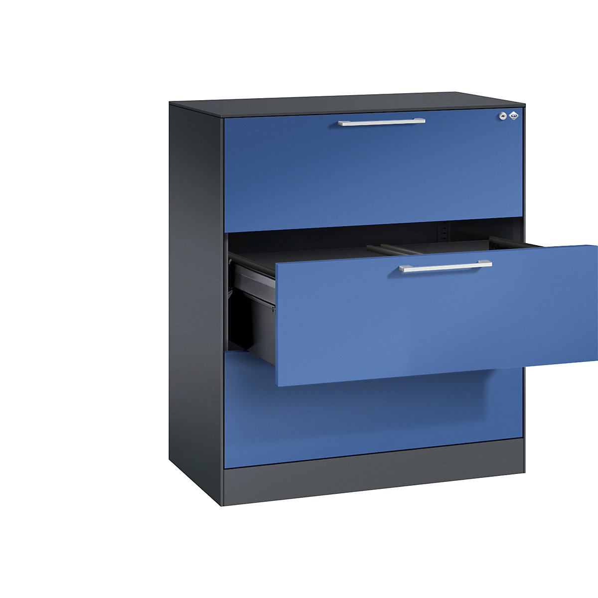 Armário de arquivo suspenso ASISTO – C+P, largura 800 mm, com 3 gavetas, preto acinzentado/azul genciana-14