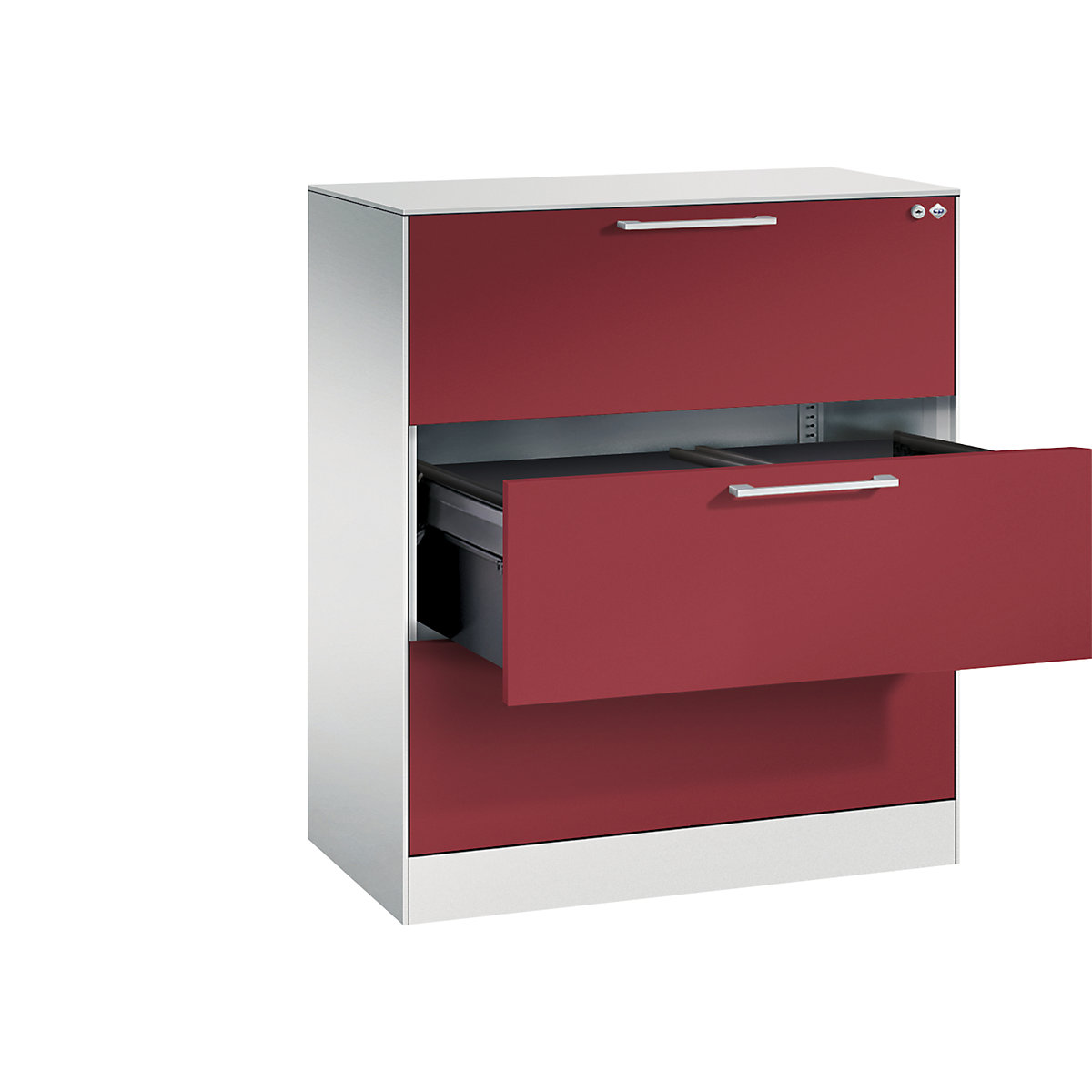 Armário de arquivo suspenso ASISTO – C+P, largura 800 mm, com 3 gavetas, cinzento claro/vermelho rubi-18