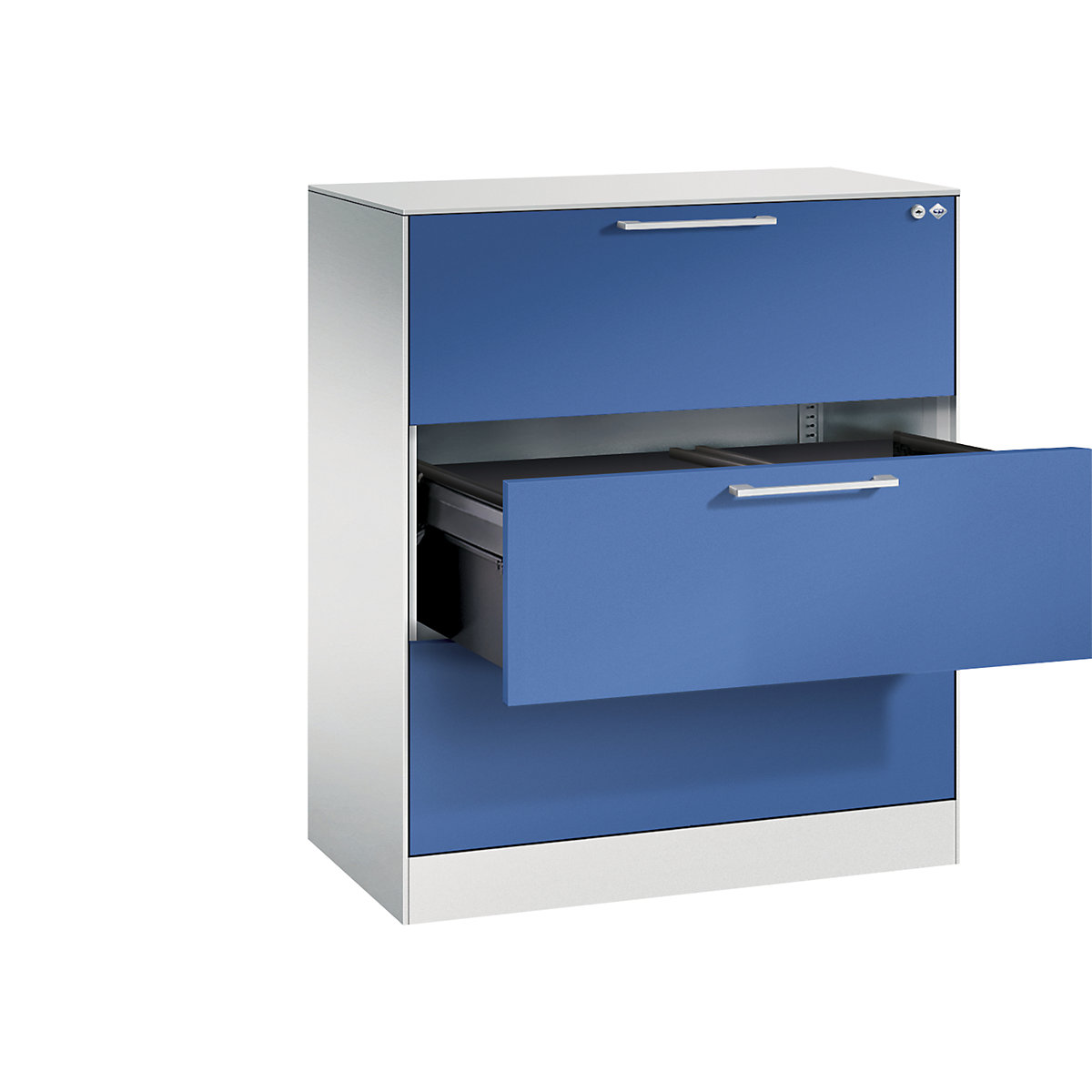 Armário de arquivo suspenso ASISTO – C+P, largura 800 mm, com 3 gavetas, cinzento claro/azul genciana-13