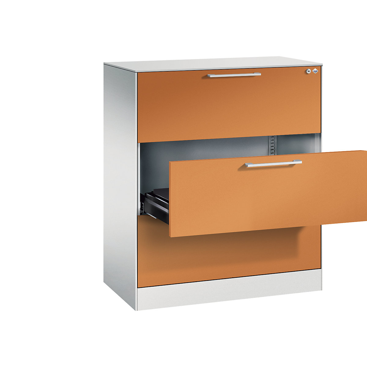 C+P – Armário para fichas ASISTO, altura 992 mm, com 3 gavetas, A4 transversal, cinzento claro/amarelo alaranjado