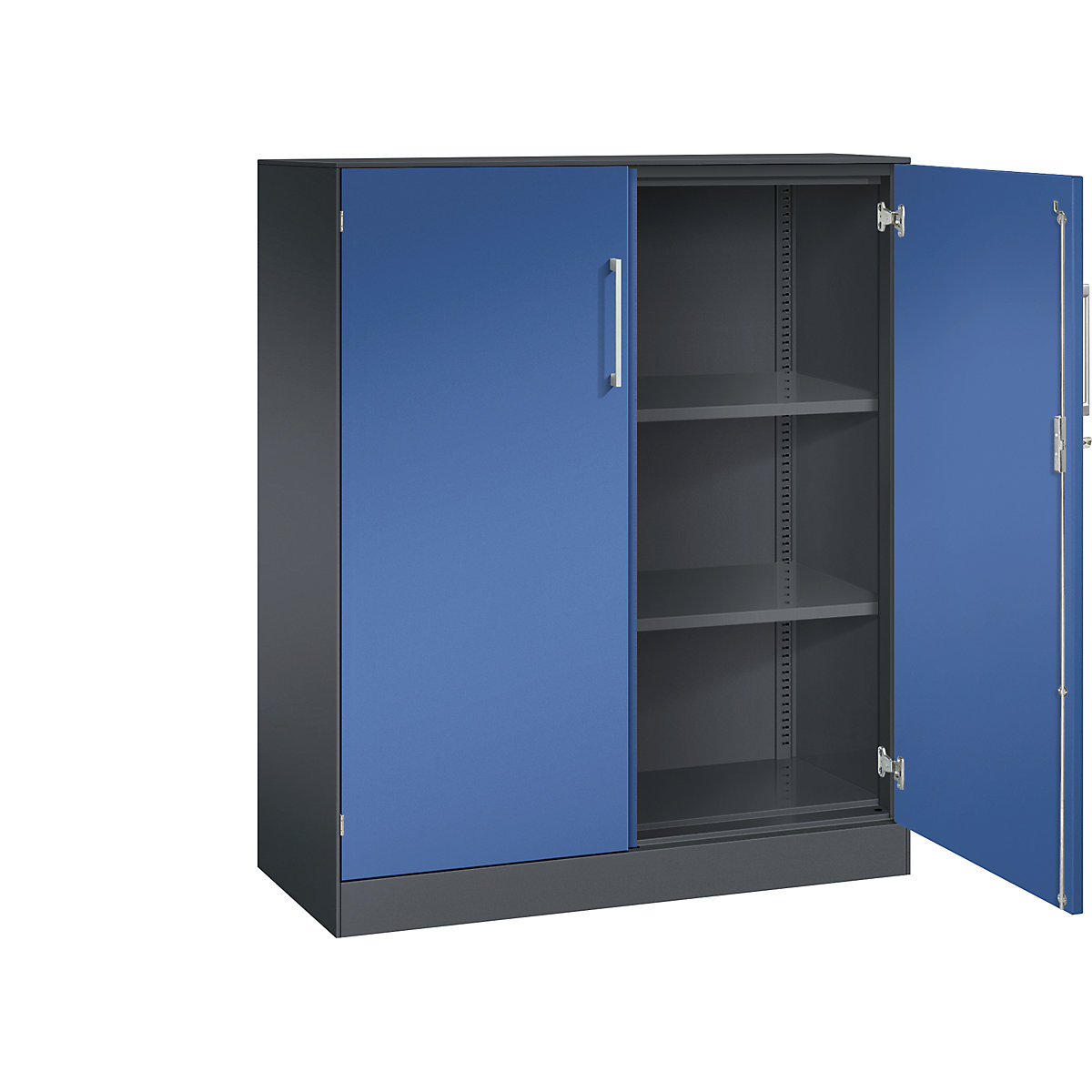 C+P – Armário de portas de batente ASISTO, altura 1292 mm, largura 1000 mm, 2 prateleiras, preto acinzentado/azul genciana
