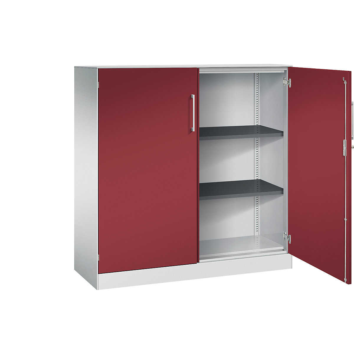 C+P – Armário de portas de batente ASISTO, altura 1292 mm, largura 1200 mm, 2 prateleiras, cinzento claro/vermelho rubi