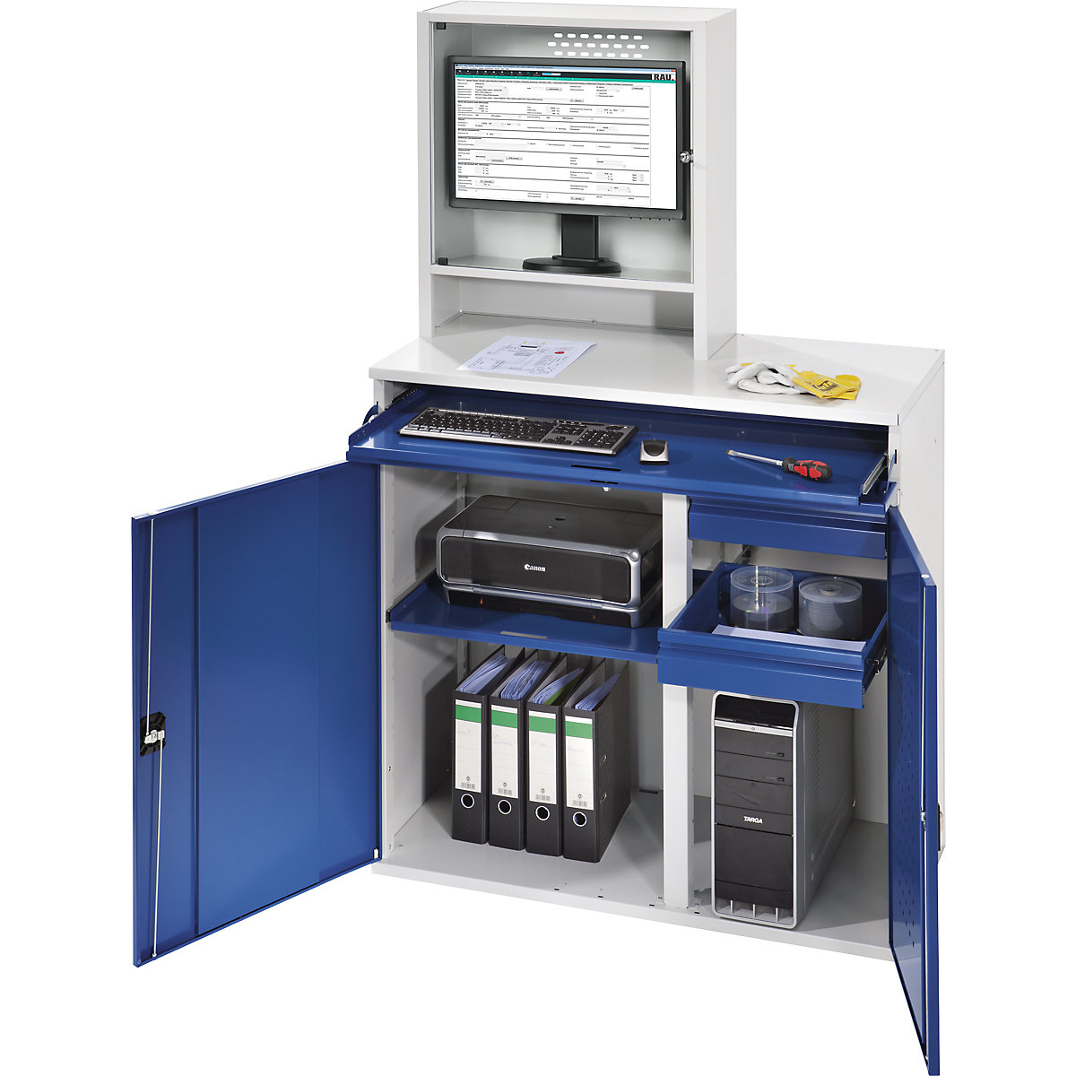 Estação de trabalho para computadores – RAU, caixa para monitor, 1 prateleira extraível, 2 gavetas, largura 1100 mm, cinzento claro / azul genciana