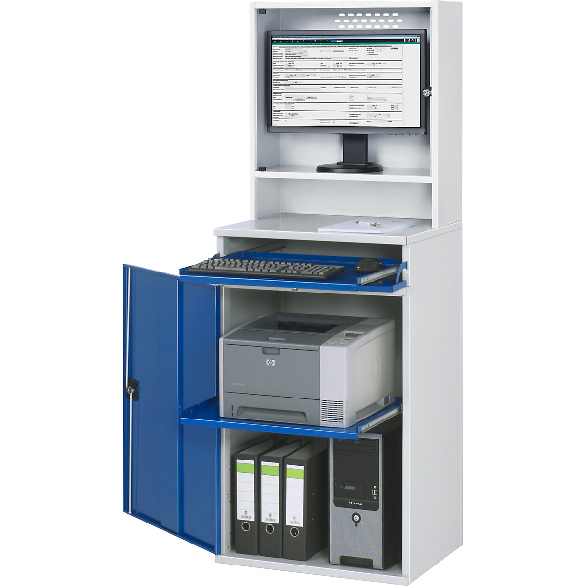 Estação de trabalho para computadores – RAU, caixa para monitor, 1 prateleira extraível, largura 650 mm, cinzento claro / azul genciana