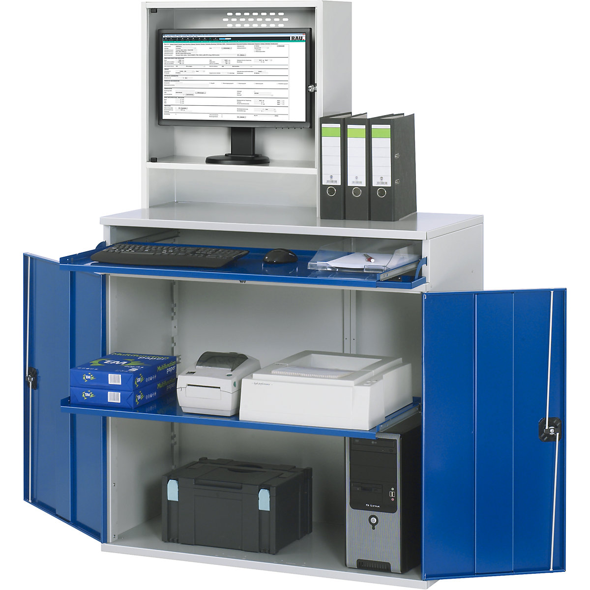 Estação de trabalho para computadores – RAU, caixa para monitor, 1 prateleira extraível, largura 1100 mm, cinzento claro / azul genciana