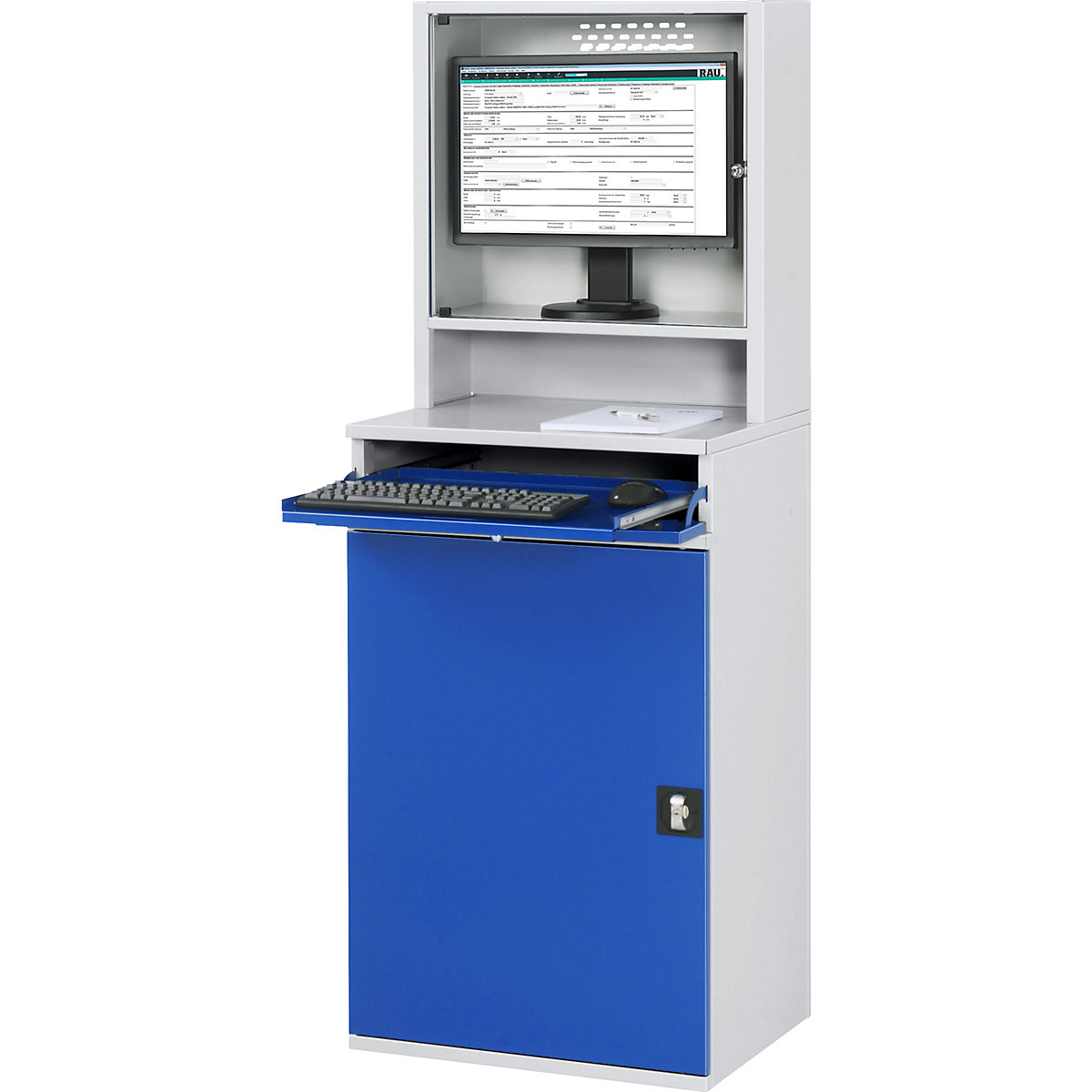 Estação de trabalho para computadores – RAU, caixa para monitor, 2 prateleiras extraíveis, largura 650 mm, cinzento claro / azul genciana