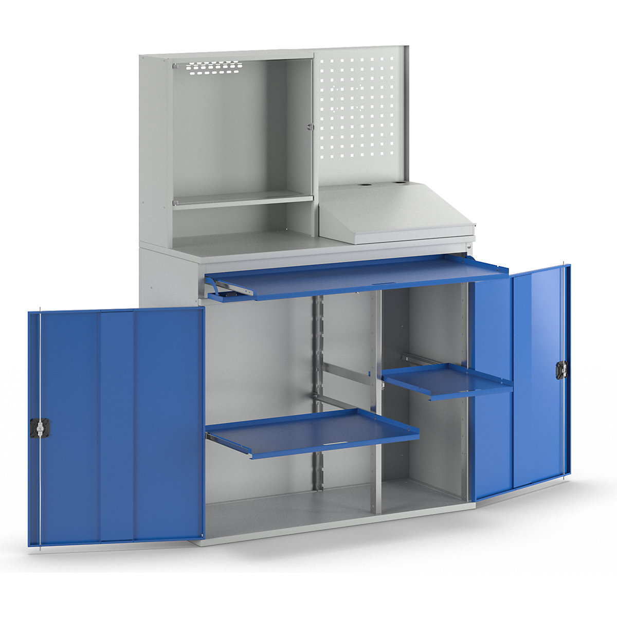 Estação de trabalho para computadores – RAU, caixa para monitor, 2 prateleiras extraíveis, largura 1100 mm, cinzento claro / azul genciana-3