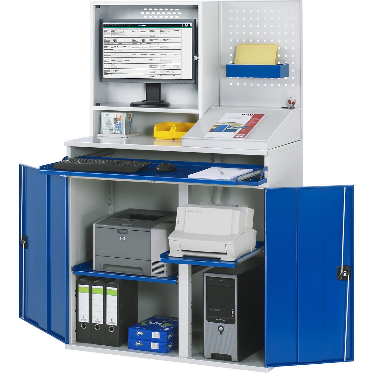 Estação de trabalho para computadores – RAU, caixa para monitor, 2 prateleiras extraíveis, largura 1100 mm, cinzento claro / azul genciana