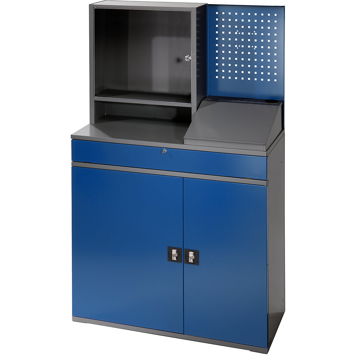 Estação de trabalho para computadores – RAU, caixa para monitor, 2 prateleiras extraíveis, largura 1100 mm, antracite / azul genciana