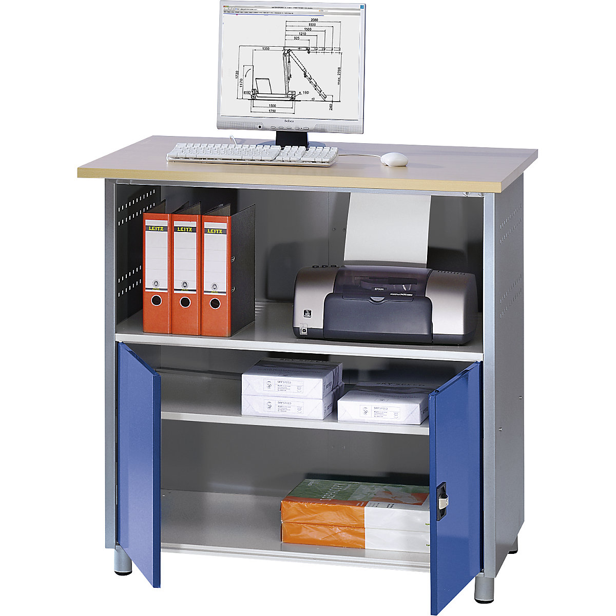 Mesa de PC – RAU, com prateleira contínua, antracite metalizado / azul genciana RAL 5010