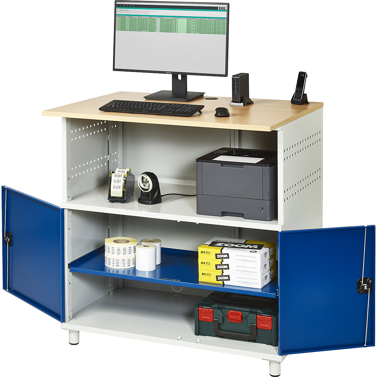 RAU – Mesa de PC, com prateleira contínua, cinzento claro RAL 7035 / azul genciana RAL 5010