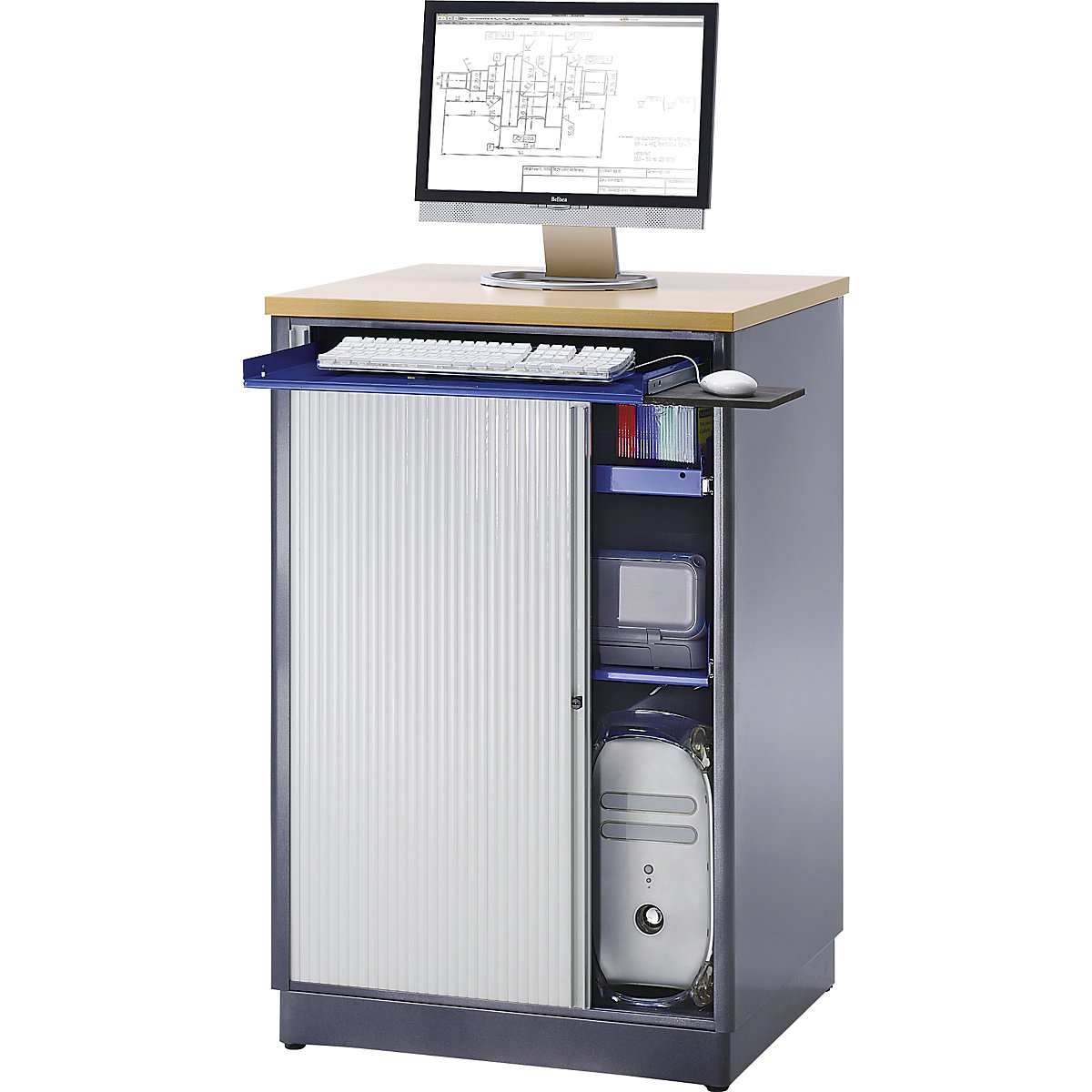 RAU – Posto de trabalho com computador, AxLxP 1100 x 720 x 660 mm, antracite metalizado/azul genciana