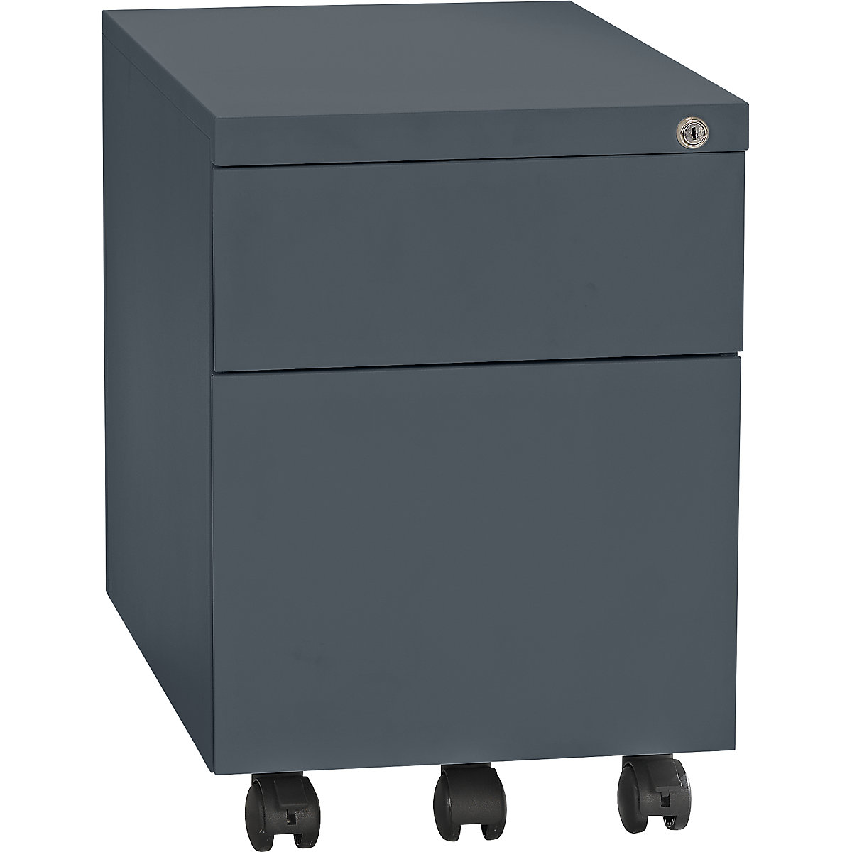 Cassettiera con rotelle, acciaio – eurokraft basic, 1 cassetto portapenne, 1 cassetto portamateriale, 1 cassetto per cartelle sospese, profondità 590 mm, grigio basalto-5