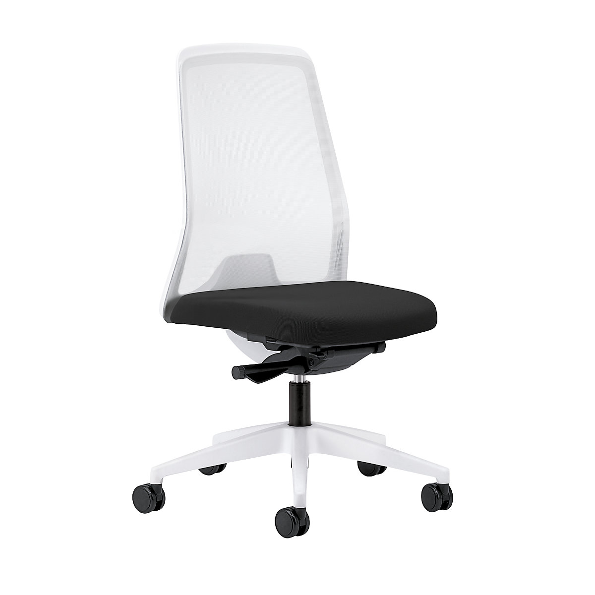 Sedia girevole per operatore EVERY, schienale in rete bianco – interstuhl, telaio bianco, con rotelle dure, nero grafite, profondità sedile 430 mm-4
