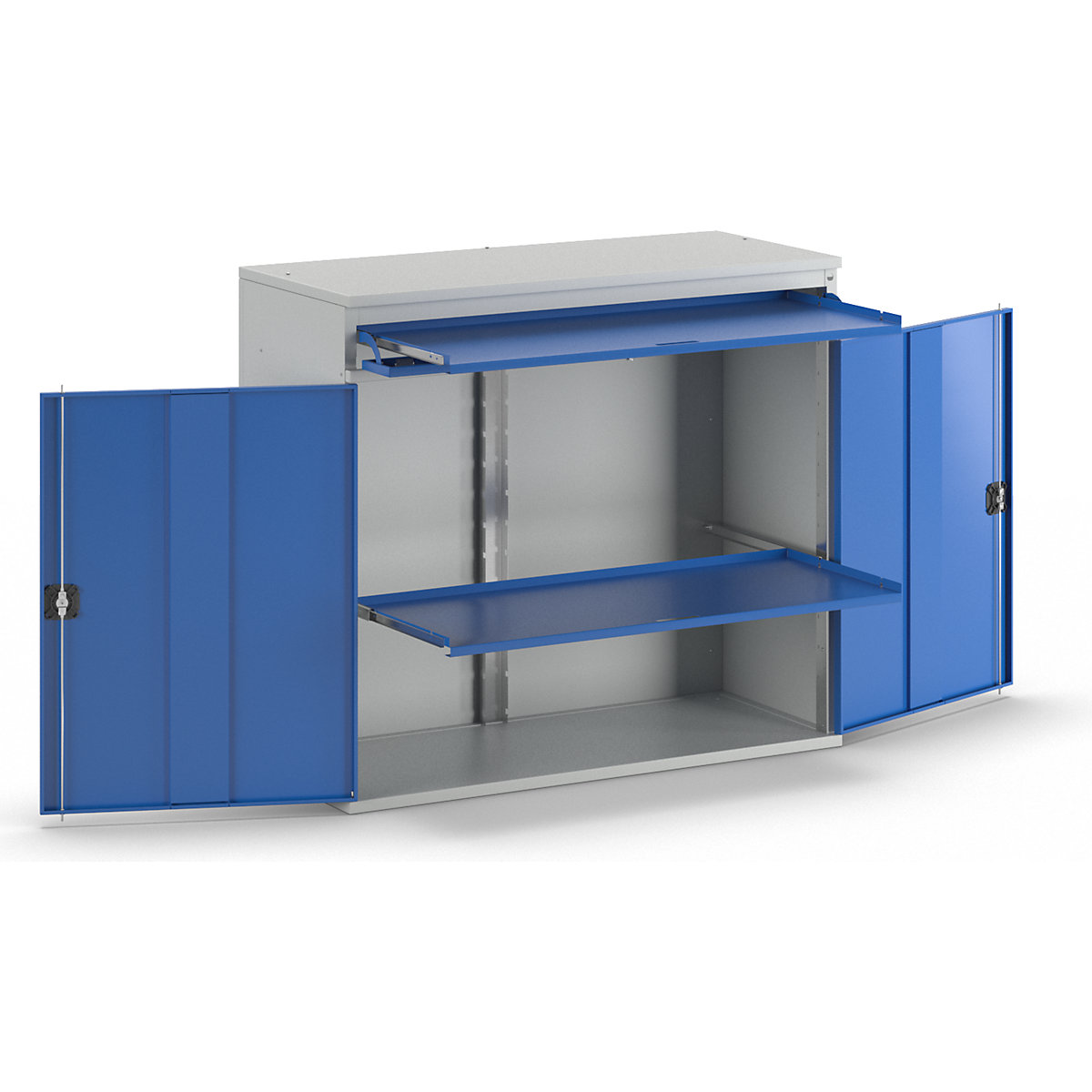 Estación de trabajo para ordenador – RAU, cuerpo del armario con 1 balda extraíble, anchura 1100 mm, gris luminoso / azul genciana-12