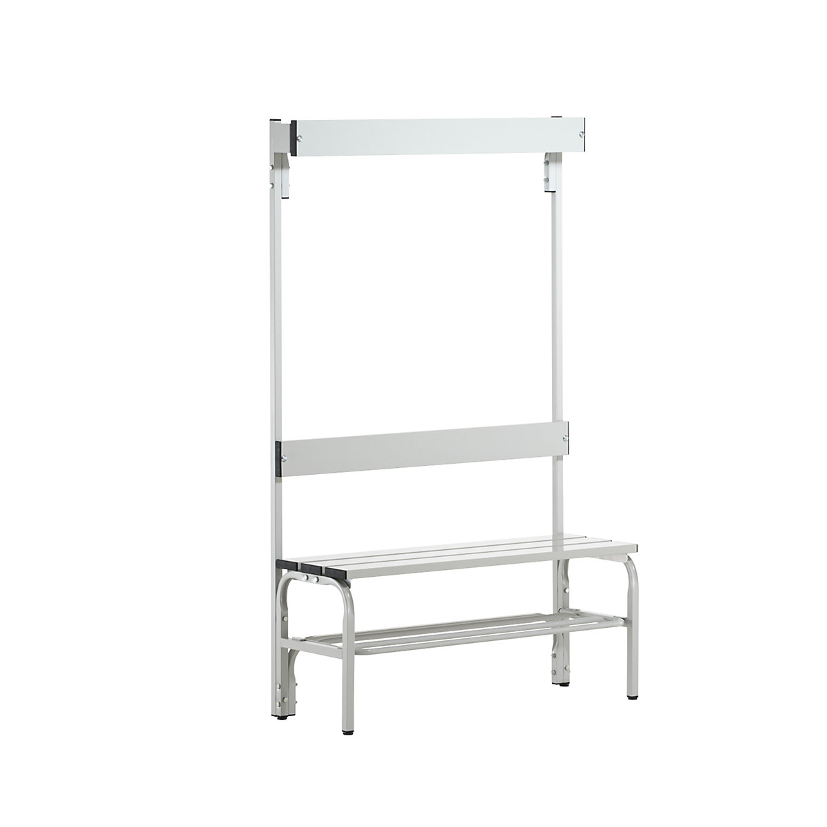 Banco para vestuarios con listones de aluminio – Sypro, H x P 1650 x 375 mm, por un lado, longitud 1015 mm, 3 ganchos, gris luminoso, rejilla para zapatos-12