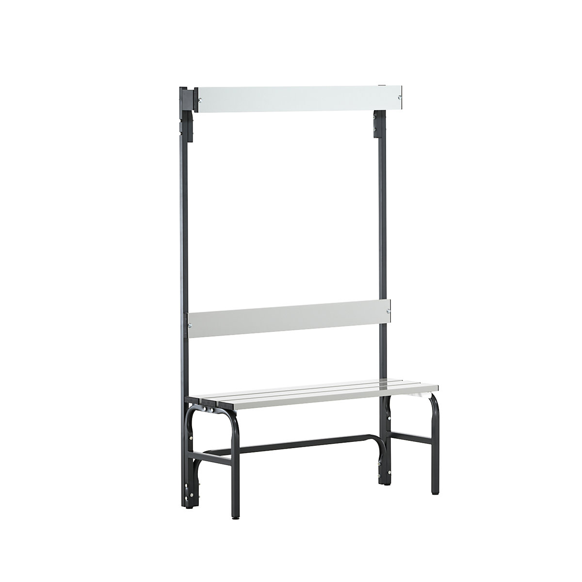 Banco para vestuarios con listones de aluminio – Sypro, H x P 1650 x 375 mm, por un lado, longitud 1015 mm, 3 ganchos, antracita-8