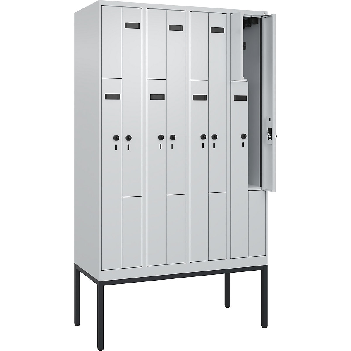 Taquilla en Z Evolo PLUS, 4 secciones, gris luminoso, A 1200 mm, 8 compartimentos, con patas estrechas, pasador giratorio de seguridad-148